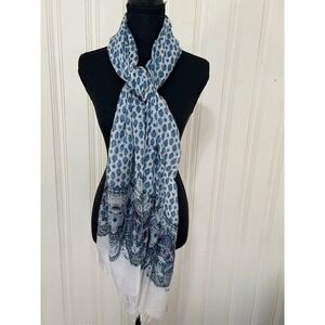 J. Jill Blue Paisley Medallion Lightweight Fringe Scarf White Blue Boho Cottage